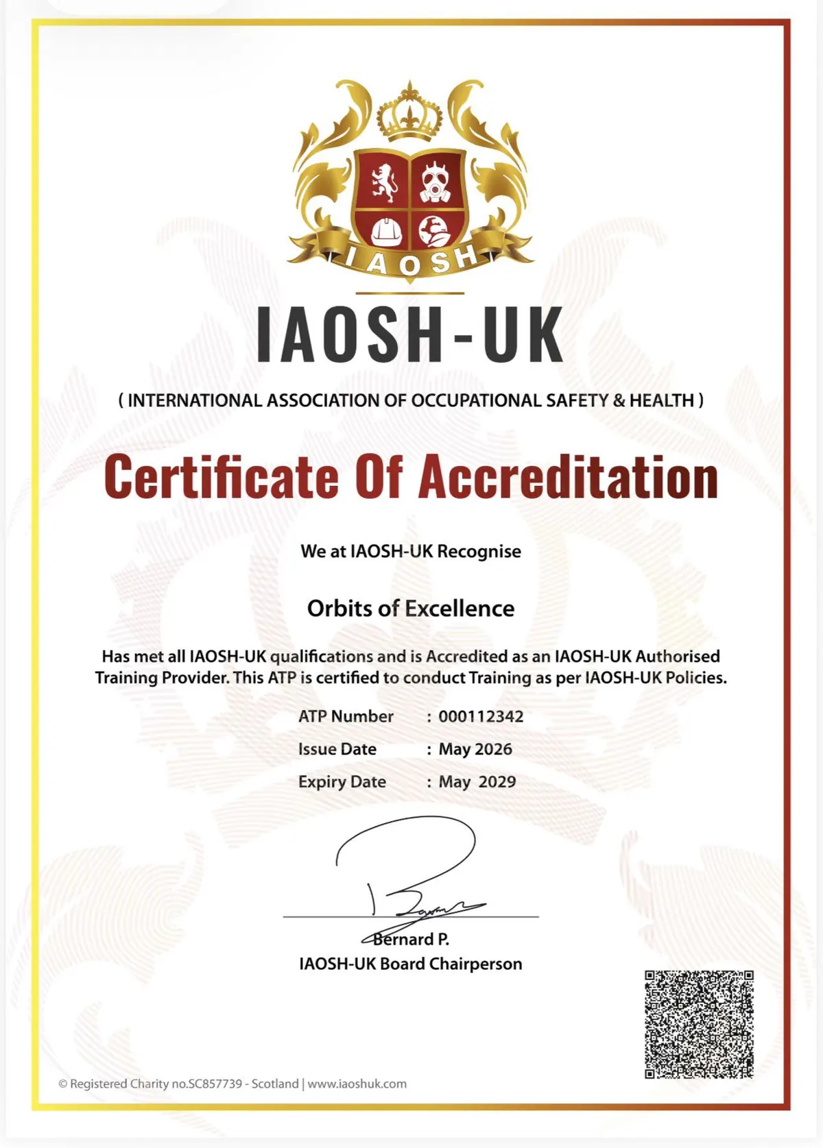 IAOSH-UK certificate accrediting Orbits of Excellence as an authorized training provider